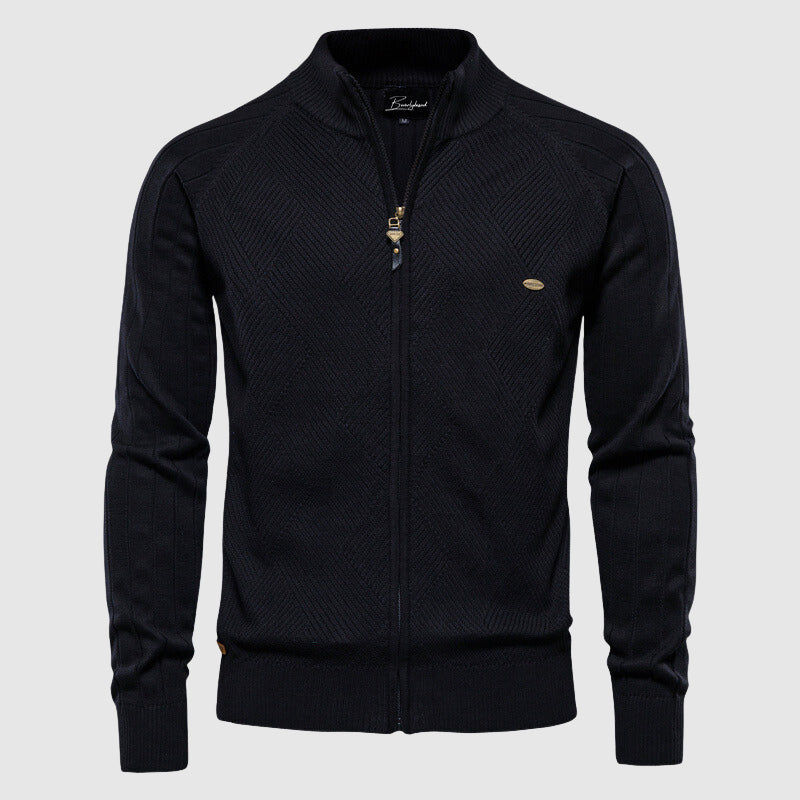 Men’s Zip-Up Cardigan - Knitted Textured Ribbed Design - Stand Collar - Long Sleeve