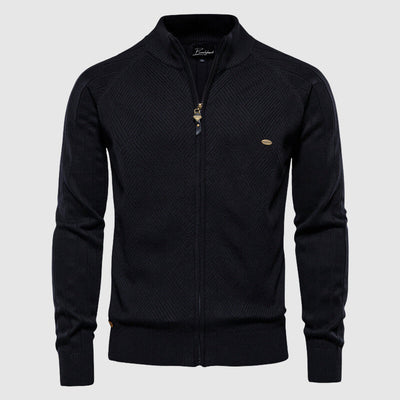 Men’s Zip-Up Cardigan - Knitted Textured Ribbed Design - Stand Collar - Long Sleeve
