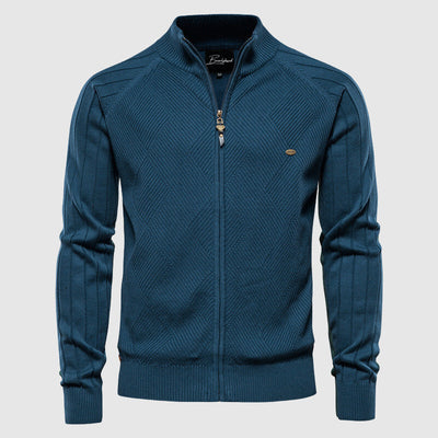 Men’s Zip-Up Cardigan - Knitted Textured Ribbed Design - Stand Collar - Long Sleeve