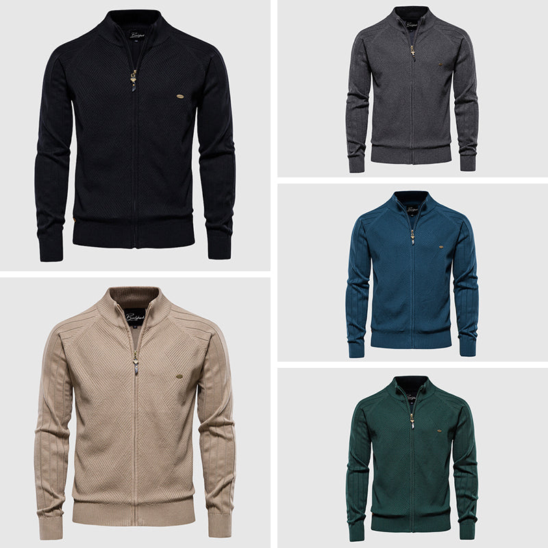 Men’s Zip-Up Cardigan - Knitted Textured Ribbed Design - Stand Collar - Long Sleeve