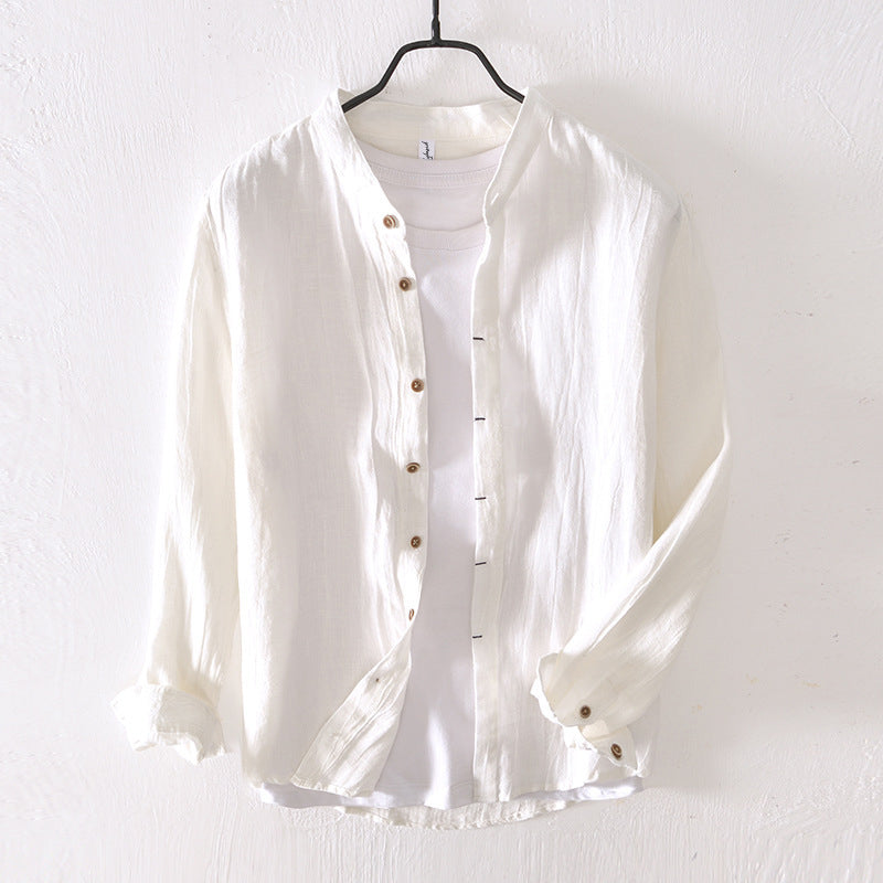 Men's Button-Up Shirt - Linen Blend - Mandarin Collar - Relaxed Fit - Long Sleeve
