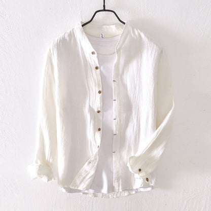 Men's Button-Up Shirt - Linen Blend - Mandarin Collar - Relaxed Fit - Long Sleeve