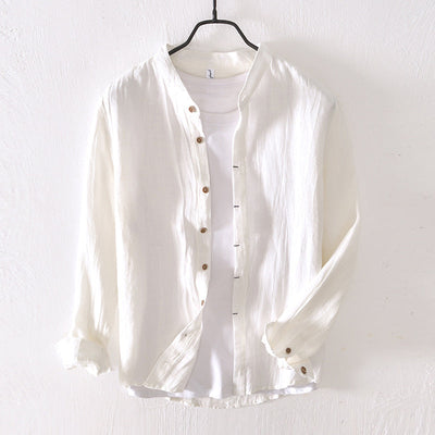 Men's Button-Up Shirt - Linen Blend - Mandarin Collar - Relaxed Fit - Long Sleeve