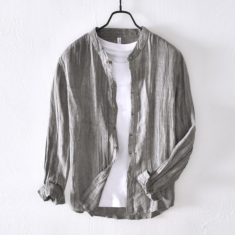 Men's Button-Up Shirt - Linen Blend - Mandarin Collar - Relaxed Fit - Long Sleeve