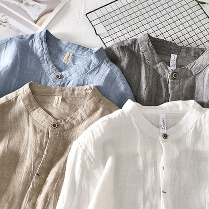 Men's Button-Up Shirt - Linen Blend - Mandarin Collar - Relaxed Fit - Long Sleeve