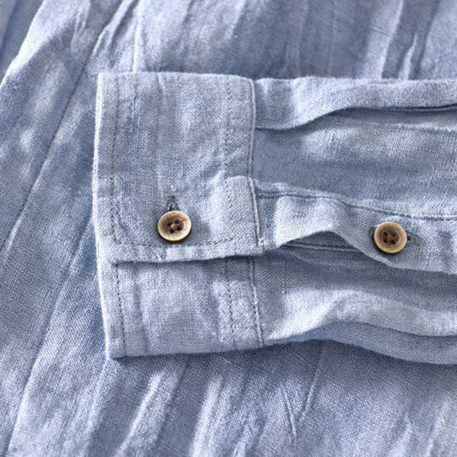 Men's Button-Up Shirt - Linen Blend - Mandarin Collar - Relaxed Fit - Long Sleeve