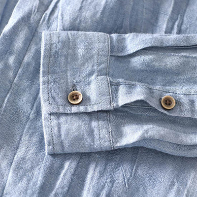 Men's Button-Up Shirt - Linen Blend - Mandarin Collar - Relaxed Fit - Long Sleeve