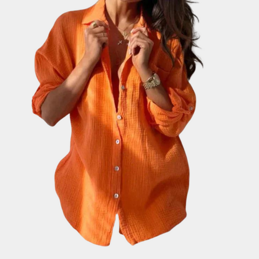 Women's Button-Up Shirt - Oversized Fit - Lightweight Cotton Linen - Long Sleeve Casual Wear