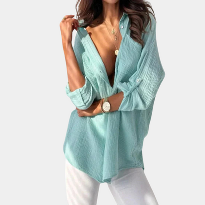 Women's Button-Up Shirt - Oversized Fit - Lightweight Cotton Linen - Long Sleeve Casual Wear