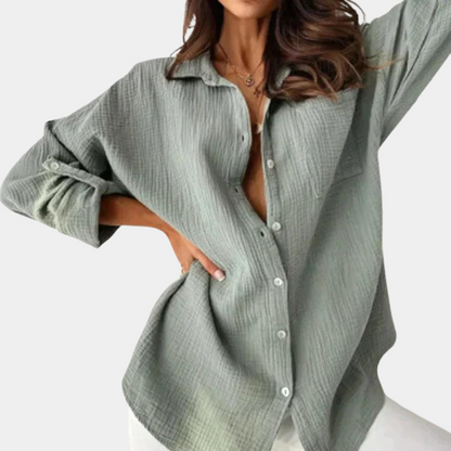 Women's Button-Up Shirt - Oversized Fit - Lightweight Cotton Linen - Long Sleeve Casual Wear