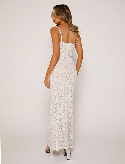 Women’s Lace Dress – Slim Fit – Full Length – Spaghetti Strap – V-Neck Evening Wear