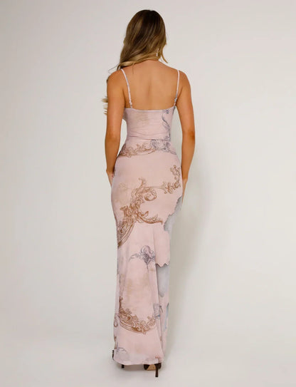 Women’s Evening Dress – Fitted Silhouette – Floral Lace – V-Neck – Thin Straps