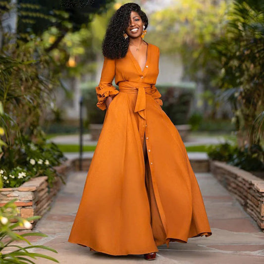 Women’s Maxi Dress – Natural Fibers – A-Line Fit – Ruffled Sleeves – Button Front