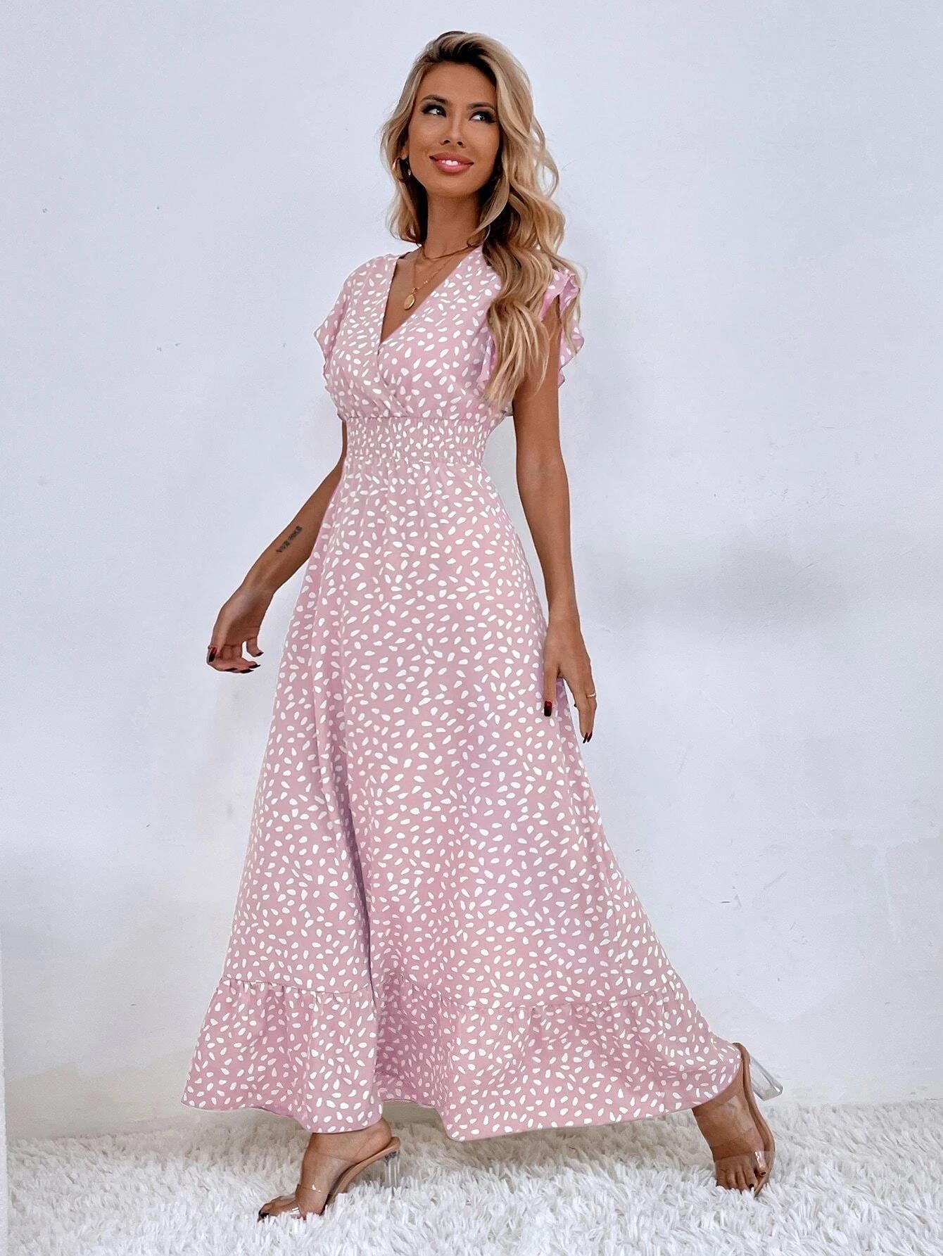 Women's Maxi Dress - V-Neck - Cap Sleeves - Fitted Waist - Flowing Elegant Design