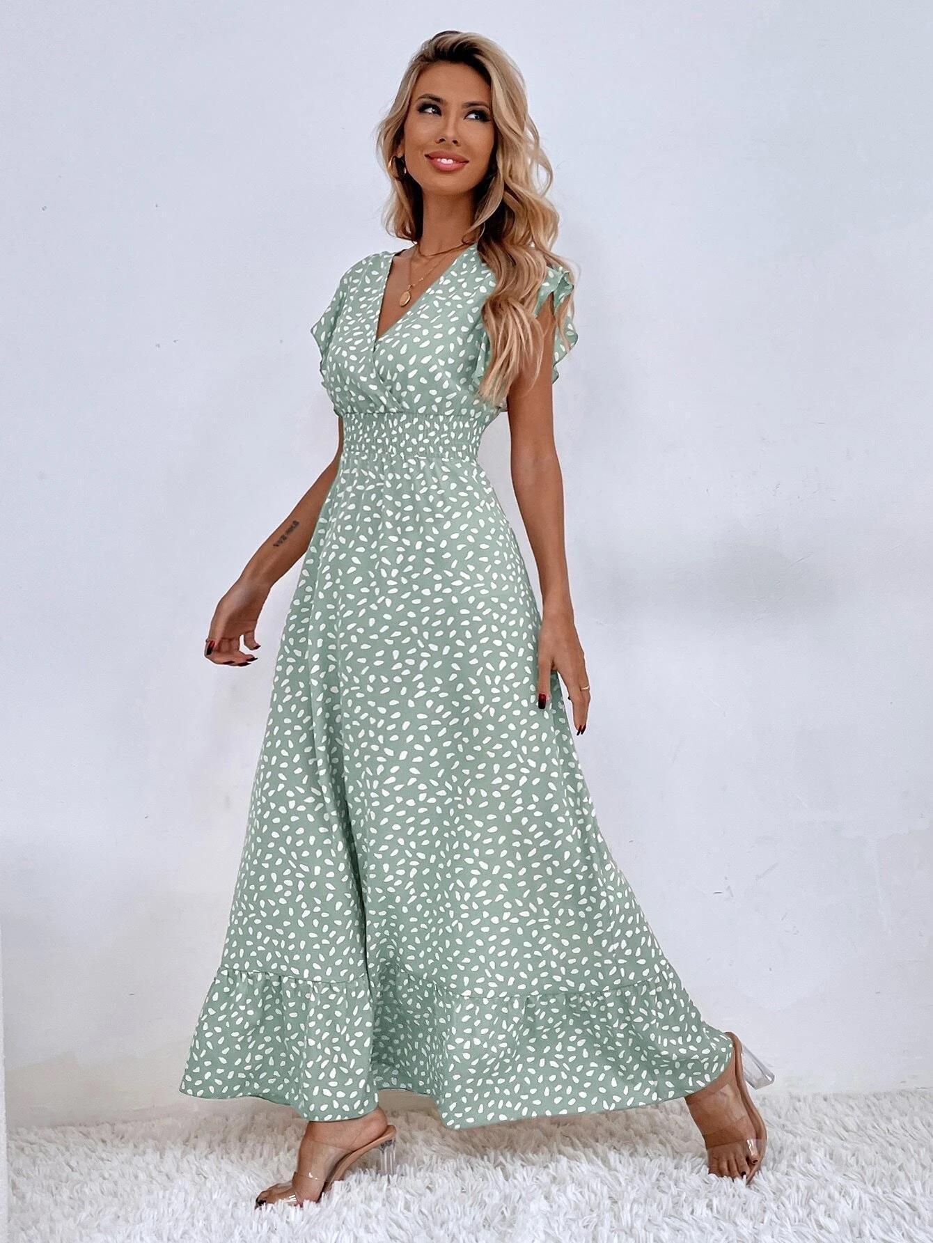 Women's Maxi Dress - V-Neck - Cap Sleeves - Fitted Waist - Flowing Elegant Design