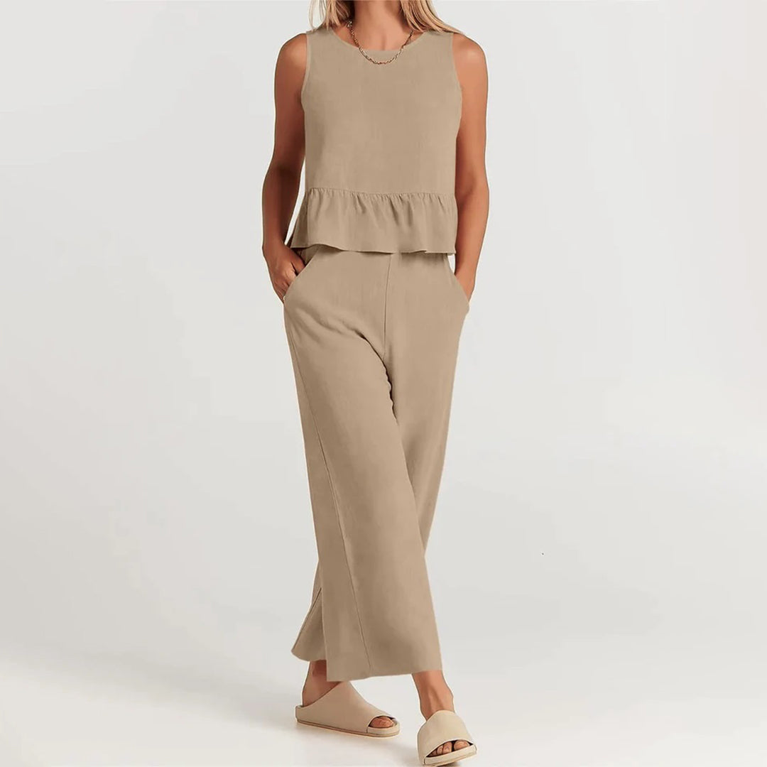 Women's sleeveless top with ruffles and wide-leg pants set