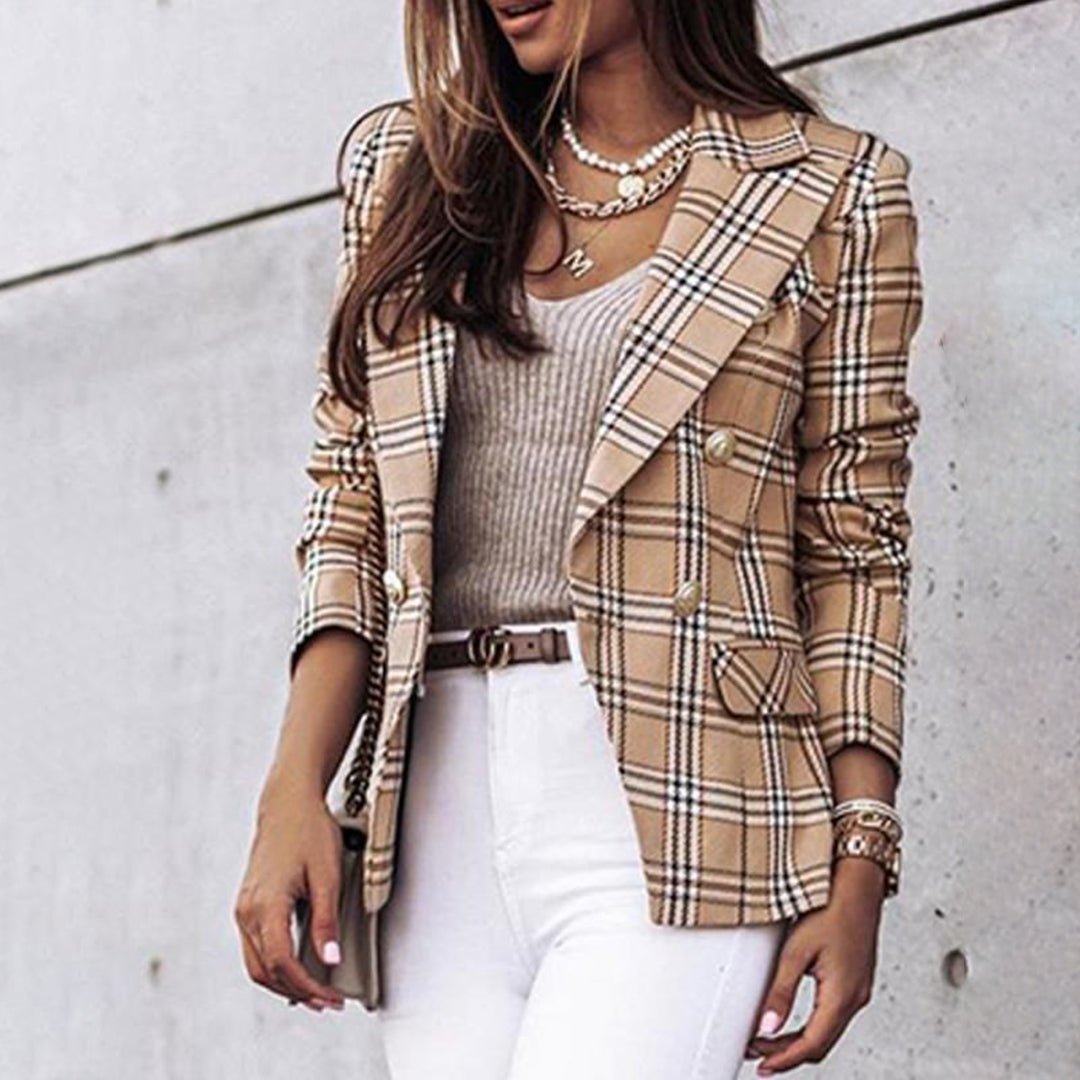 Women’s Blazer – Tailored Fit – Wool Blend – Plaid Double-Breasted – Wide Lapels