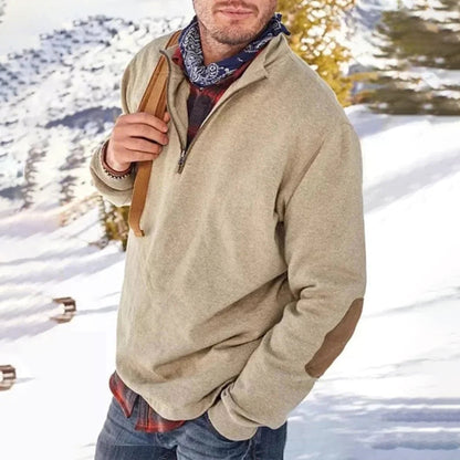 Men’s Casual Sweater – Relaxed Fit – Soft Knit – Half Zip – Elbow Patch Detail