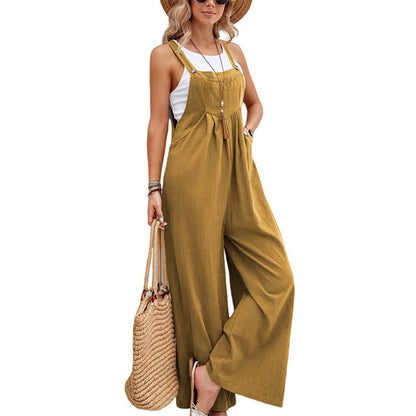 Women's Jumpsuit - Lightweight Linen Cotton - Sleeveless Wide-Leg - Adjustable Straps