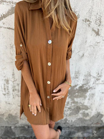 Women’s Shirtdress – Relaxed Fit – Button Front – Rolled Sleeves – Breathable Blend