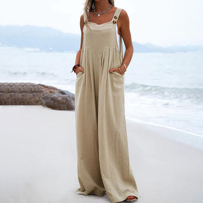 Women's Wide-Leg Jumpsuit - Sleeveless Loose Fit - Square Neck - Lightweight Cotton