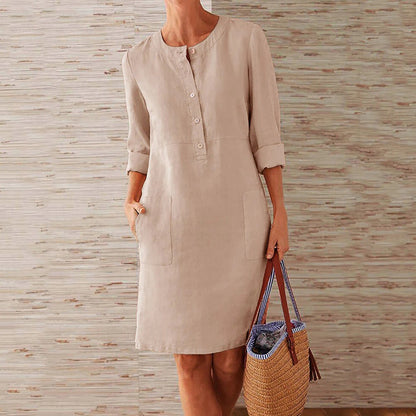 Women's Knee-Length Dress - Relaxed Fit - Button Front - Long Sleeves - Lightweight Fabric