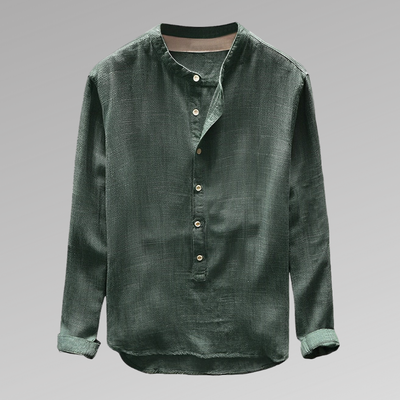 Men’s Long Sleeve Shirt – Relaxed Fit – Mandarin Collar – Half Button – Breathable Blend
