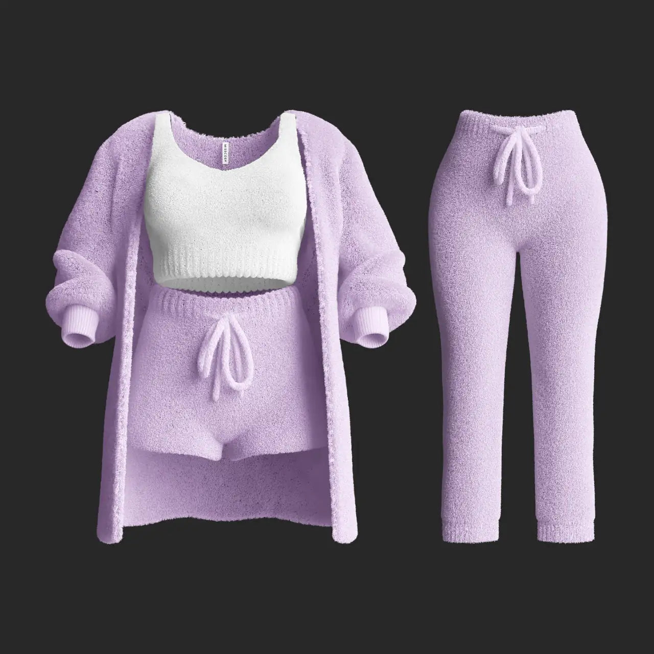 Womens plush knitted sweater with long sleeves and a cropped design, paired with shorts and pants in a four-piece set