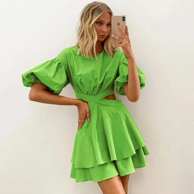 Women's Mini Dress - Puff Sleeves - Waist Cutout - Flared Double-Layered Skirt