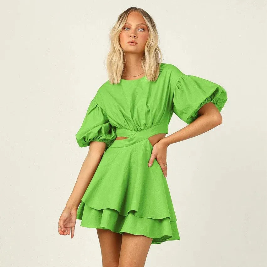 Women's Mini Dress - Puff Sleeves - Waist Cutout - Flared Double-Layered Skirt