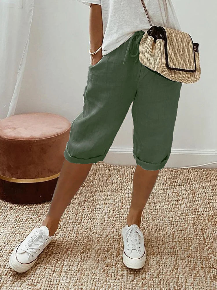 Women's Capri Trousers - Elastic Waist Drawstring - Relaxed Fit - Casual Lightweight