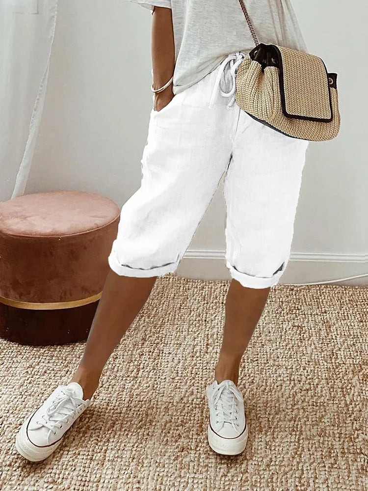 Women's Capri Trousers - Elastic Waist Drawstring - Relaxed Fit - Casual Lightweight
