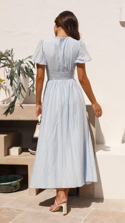 Women's Checked V-Neck Maxi Dress Puff Sleeves Buttons Casual Summer Dress