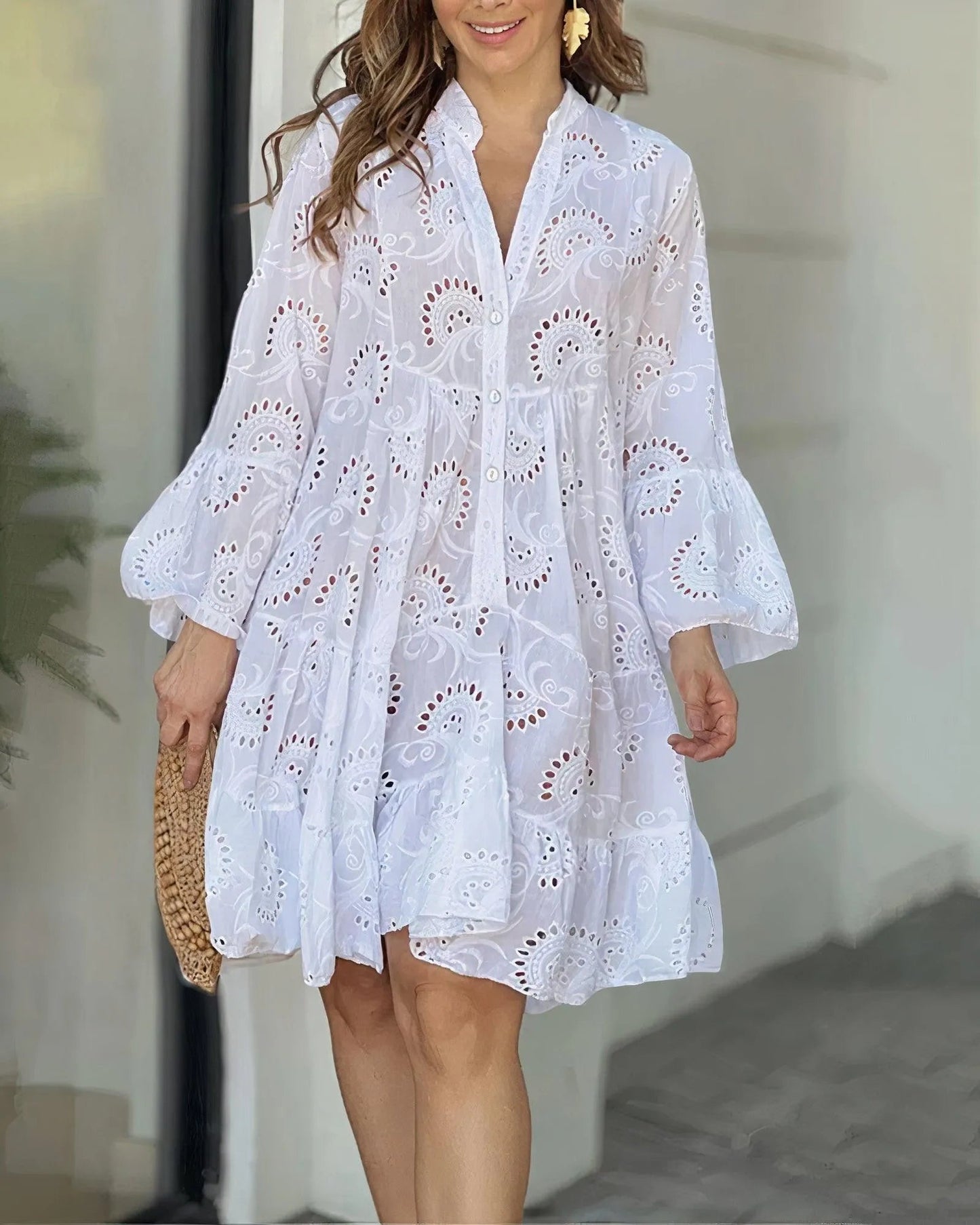 Women's Dress - A-Line Tiered - Eyelet Embroidery - Bell Sleeves V-Neck Casual Fit