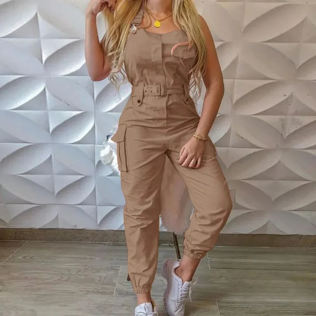 Women’s Cargo Jumpsuit – Tailored Fit – Sleeveless – Belted Waist – Tapered Leg