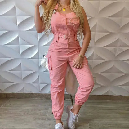 Women’s Cargo Jumpsuit – Tailored Fit – Sleeveless – Belted Waist – Tapered Leg