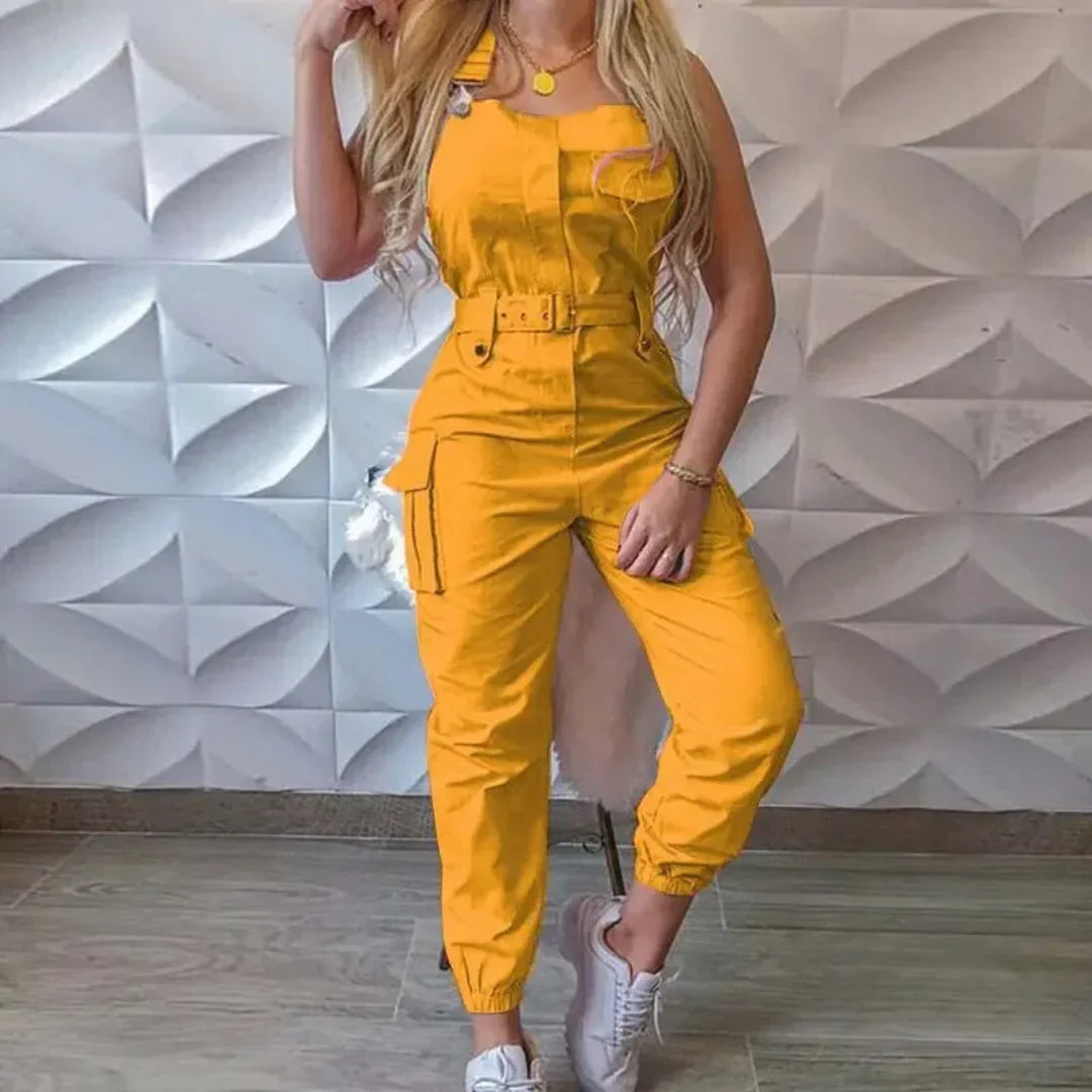 Women’s Cargo Jumpsuit – Tailored Fit – Sleeveless – Belted Waist – Tapered Leg