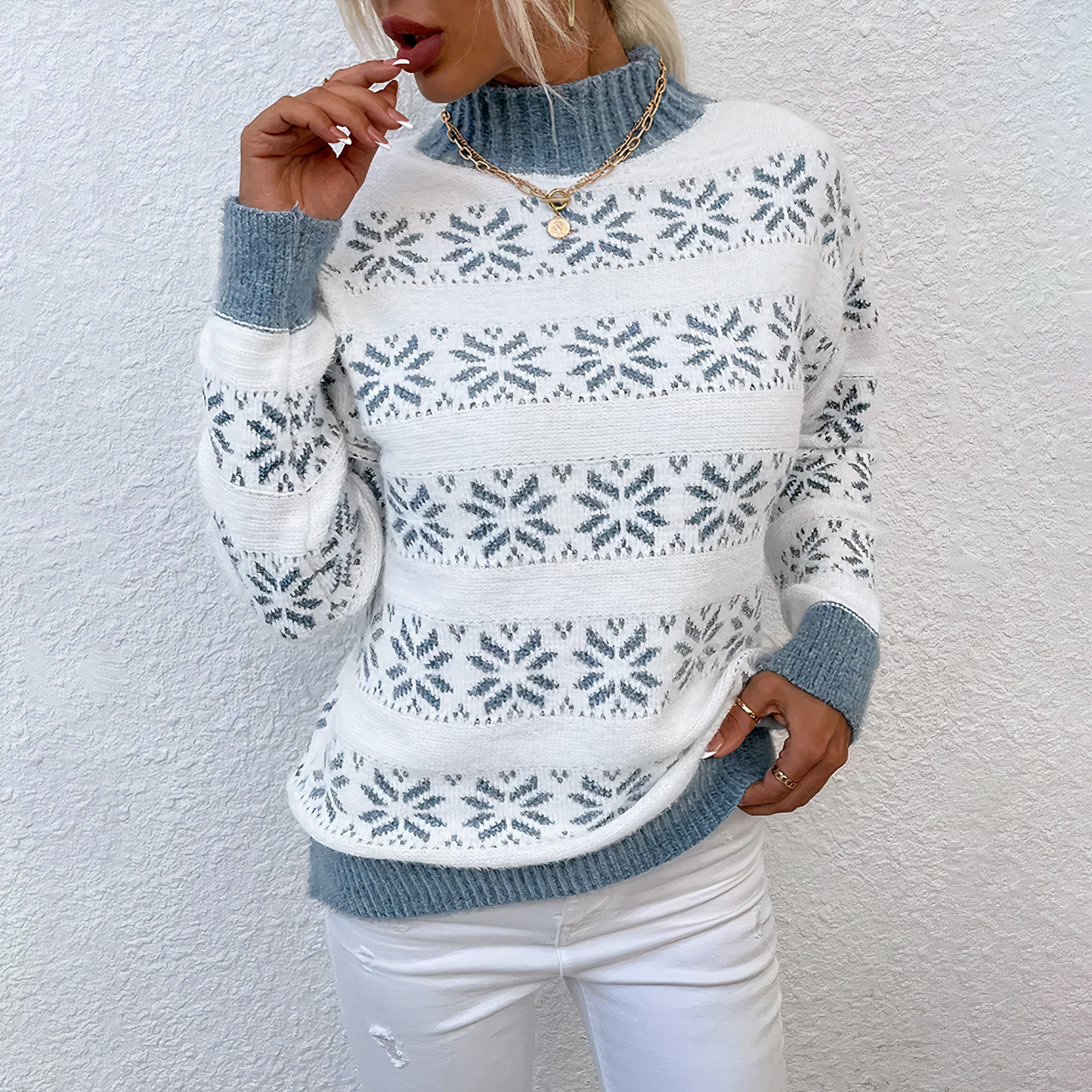 Women's knitted snowflake turtleneck sweater