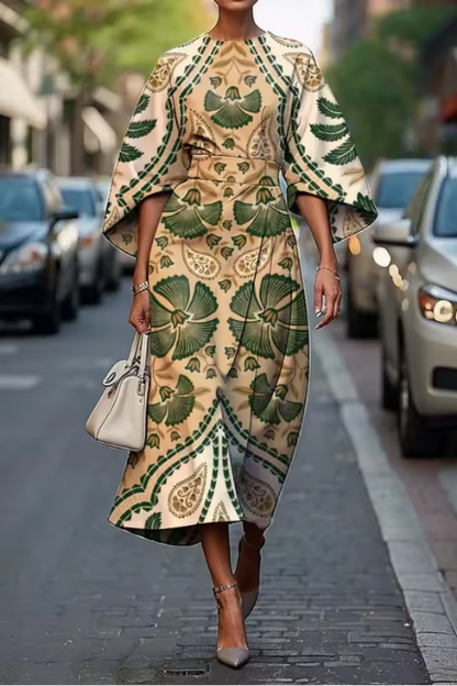 Women’s Midi Dress – A-Line Fit – Satin Finish – Geometric Print – Elbow Sleeve