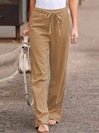 Women’s Wide-Leg Trousers – High Waist – Breathable Blend – Fabric Tie Belt – Full Length