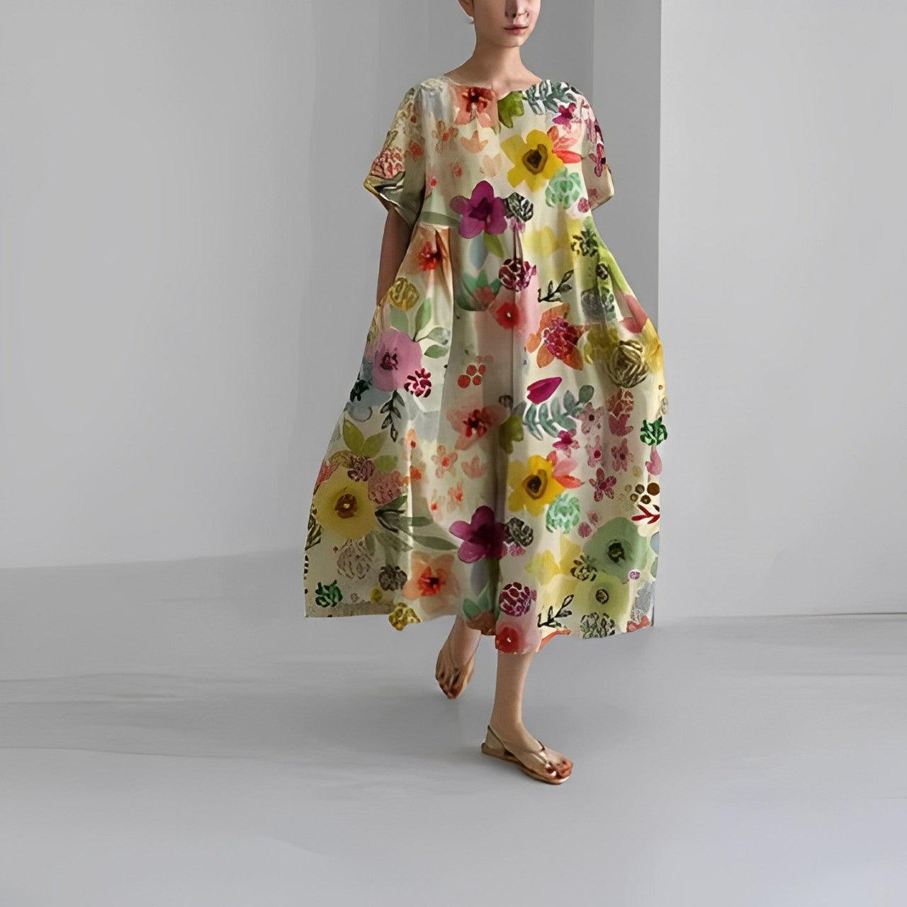 Women's Boho Floral Print Casual Loose Swing Dress