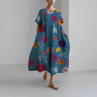 Women's Boho Floral Print Casual Loose Swing Dress