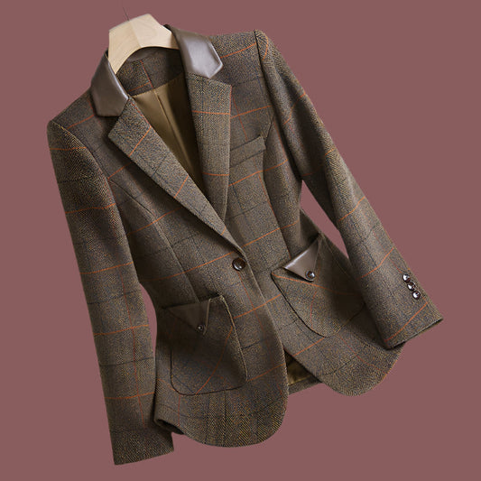 Women’s Blazer – Tailored Fit – Wool Blend – Plaid Pattern – Single Button – Lapel Collar