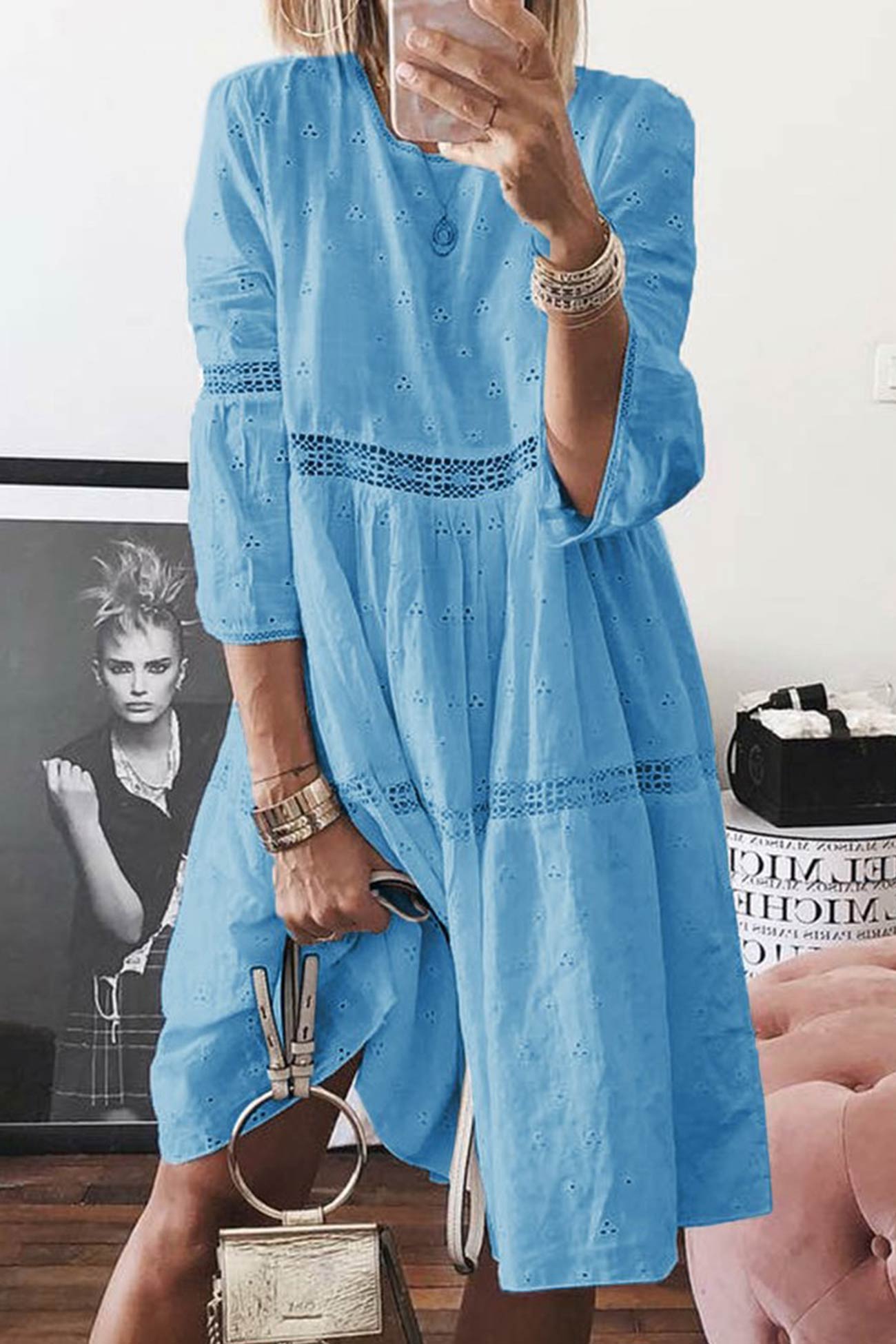 Women's Dress - Loose Fit - Eyelet Embroidery - 3/4 Sleeve Knee-Length Boho Style