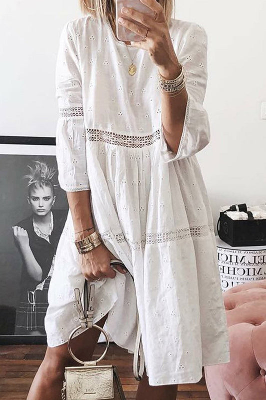 Women's Dress - Loose Fit - Eyelet Embroidery - 3/4 Sleeve Knee-Length Boho Style