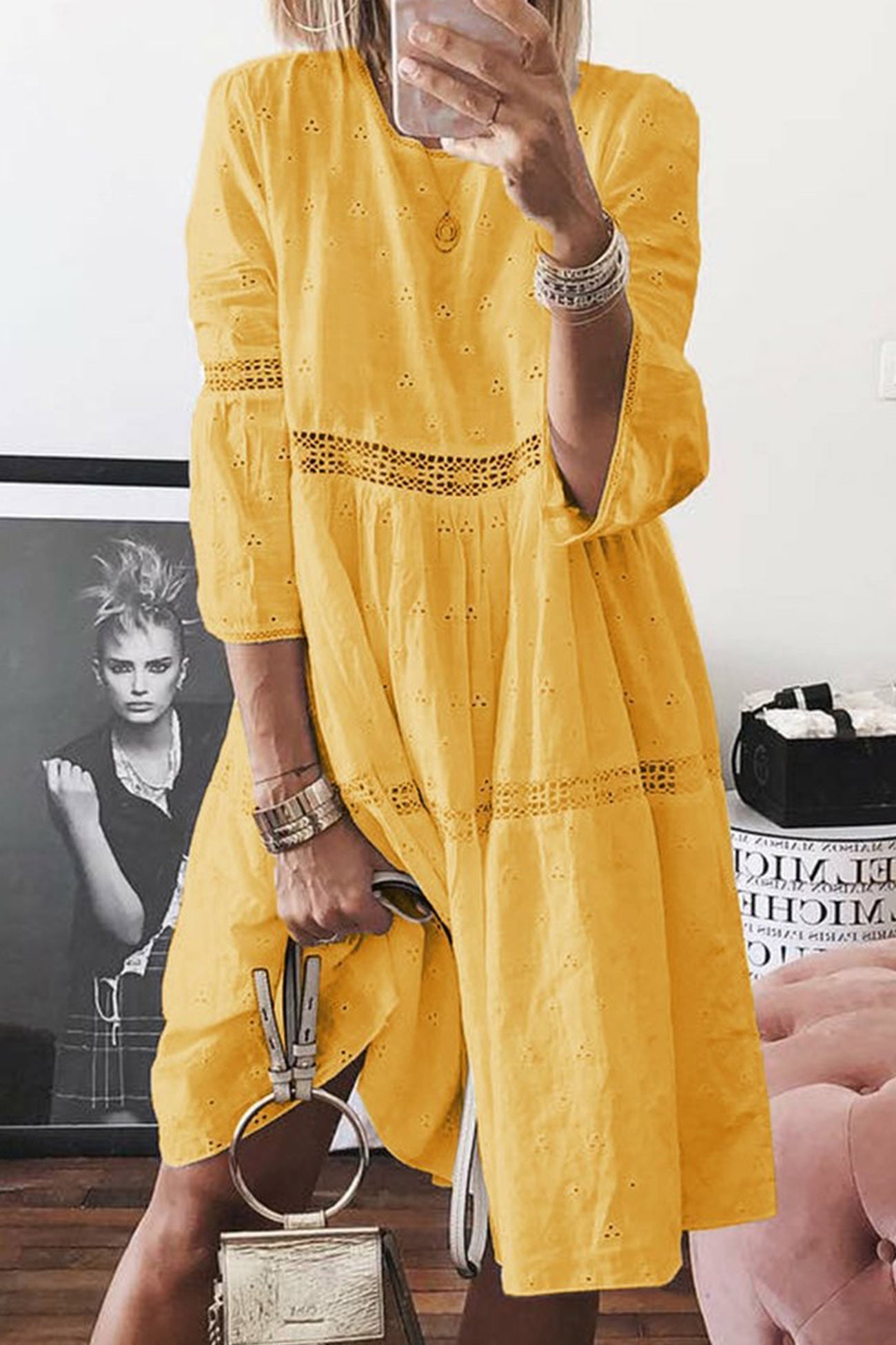 Women's Dress - Loose Fit - Eyelet Embroidery - 3/4 Sleeve Knee-Length Boho Style
