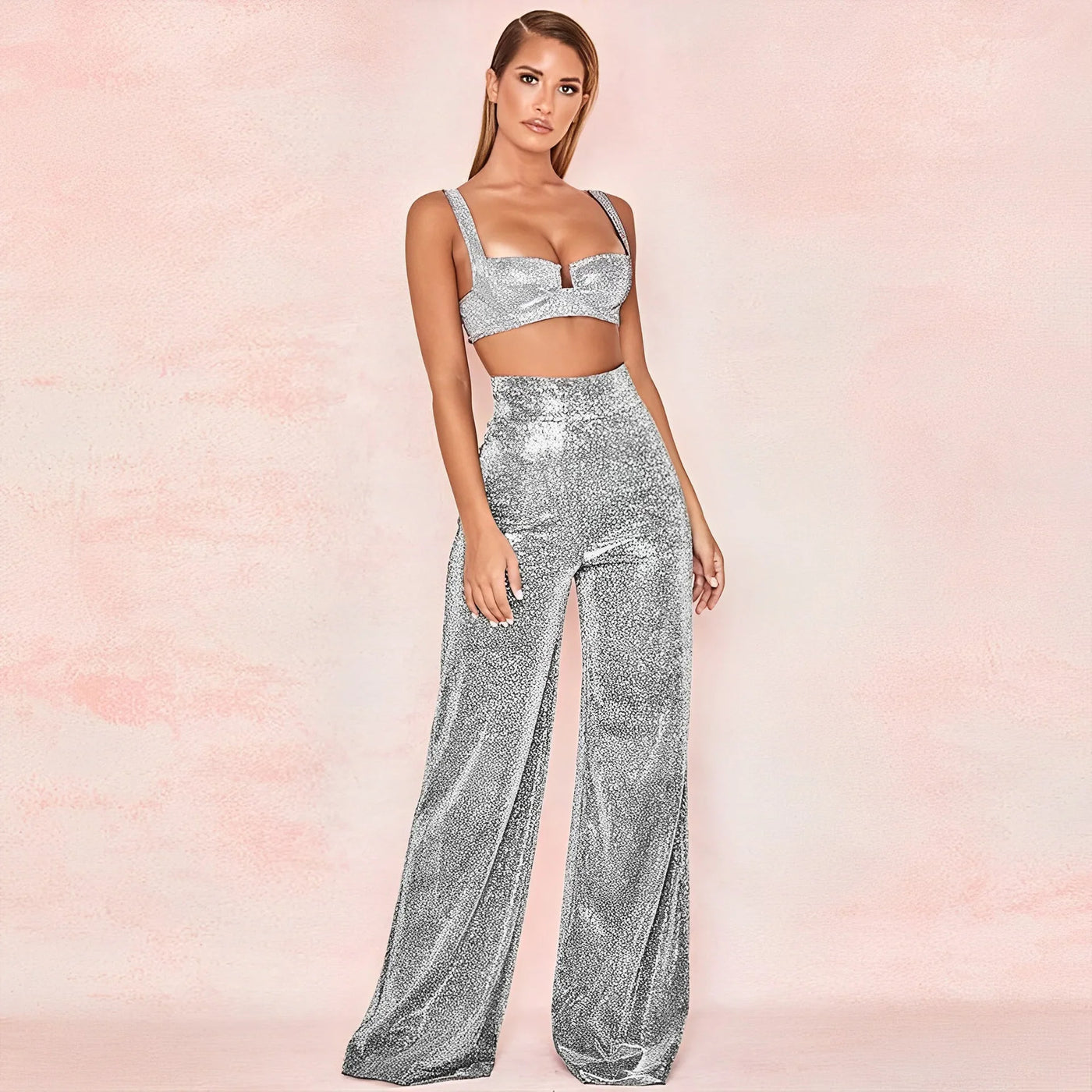 Women's High-Waisted Wide-Leg Trousers - Metallic Shimmer - Elegant Partywear