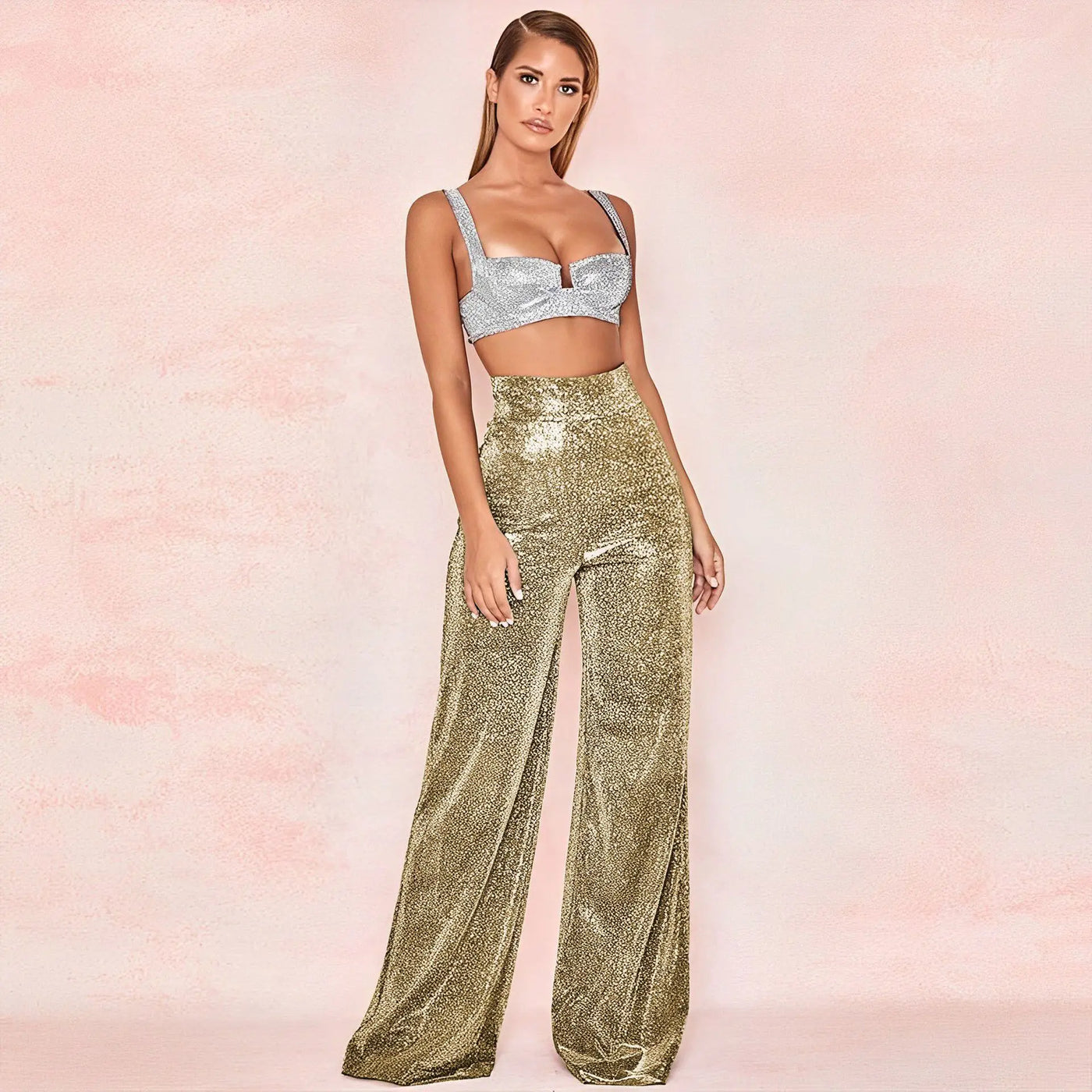 Women's High-Waisted Wide-Leg Trousers - Metallic Shimmer - Elegant Partywear