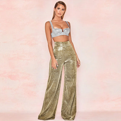 Women's High-Waisted Wide-Leg Trousers - Metallic Shimmer - Elegant Partywear