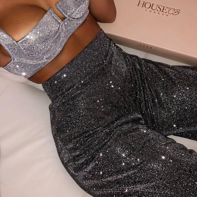 Women's High-Waisted Wide-Leg Trousers - Metallic Shimmer - Elegant Partywear